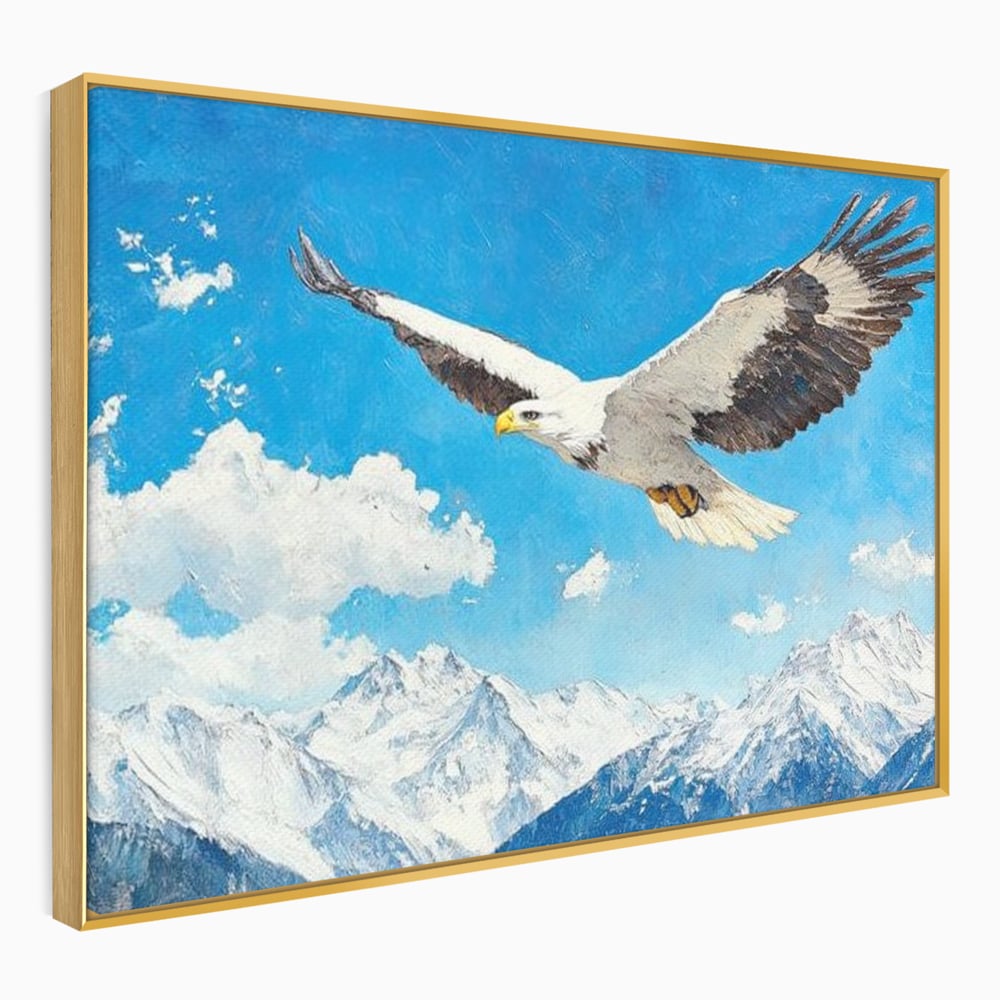 Tablou canvas cu tablou canvas cu vultur in zbor deasupra muntilor, in rama de aluminiu auriu
